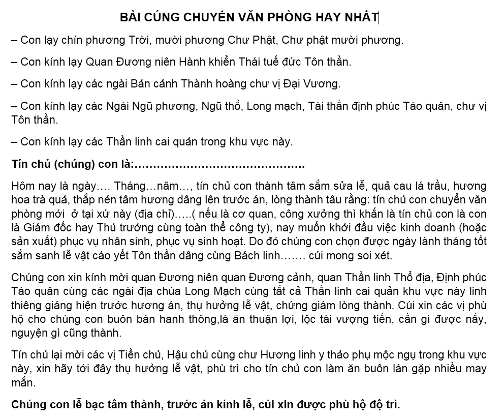 Bài cúng chuyển văn phòng mới